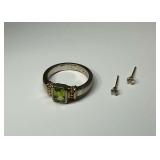 14K and Sterling Silver Peridot Ring and 14K CZ Earrings