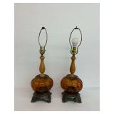 Pair of Vintage Amber Glass and Wooden Table Lamps...work