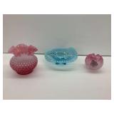 (3) Art Glass Pieces: Cranberry Hobnail Vase, Blue Footed Dish, and Pink Rose Bowl