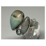 Sterling Silver Multi-Stone Ring with Larimar and Quartz Stones...Size 7.5