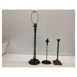Trio of Metal Home Decor Items: Table Lamp and Candle Holders