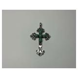 Mexican Sterling Silver Green Stone Cross Pendant