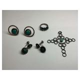 Sterling Silver and Turquoise Earrings, Pendant, and Ring