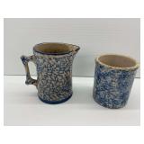Blue and White Spongeware Pitcher and Crock...see photos