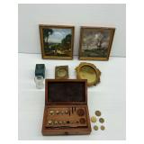 (2) Framed Prints, Wooden Scale Weight Box with Weights, Glass Eye Bath with Box, and (3) Frames