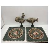 (2) Fabric Rooster Figurines and (2) Accent Pillows