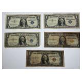 (5) US One Dollar Silver Certificates Including Hawaii Overprint
