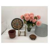 Home Decor Including Floral Arrangement and Wall Clock