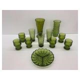 Vintage Avocado Green Glass Drinkware, Vases, and Serving Dish