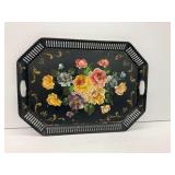 Vintage Toleware Metal Serving Tray with Floral Hand-Painted Motifs