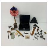 Black Lacquer Box with Assorted Vintage Items and Miniatures