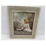 Framed Print Depicting Young Girl with Bird Signed Florence Lindsey