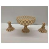 3-Piece Westmoreland Doric Lace Peach Milk Glass Compote and Candlestick Set