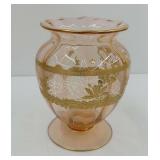 Bohemian Amber Glass Footed Vase with Gilded Decor and Engraved Frieze
