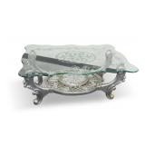 Ornate Silver Painted Coffee Table with Glass Top and Lower Shelf