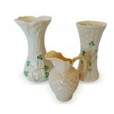 Belleek Creamer and (2) Belleek Porcelain Shamrock Design Vases
