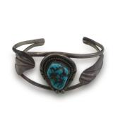 Native American Turquoise and Sterling Silver Cuff Bracelet with Leaf Accents... 0.540 total troy oz.
