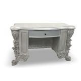 Ornate Carved Wooden Desk/Vanity with Single Drawer and Silver Finish