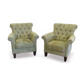 Pair of Vintage Olive Green Upholstered Button Back Arm Chairs