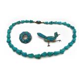 Vintage Turquoise Bead Necklace and Two Inlay Brooches