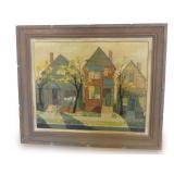 Stylized Painting on Masonite of Row of Residential Houses ... see back