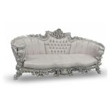 Ornately Carved Wooden Silver Color Sofa with Patterned Upholstery