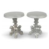 Pair of Silver Painted Accent Tables with Ornately Carved Bases... tops are loose