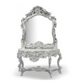 Ornate Silver Color Console Table with Matching Wall Mirror