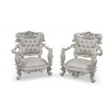Pair of Rococo Revival Style Carved Wood Armchairs with Upholstered Seats and Button-Tufted Backrests