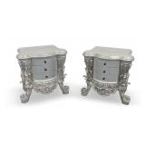 Pair of Ornate Silver Color 3-Drawer Nightstands