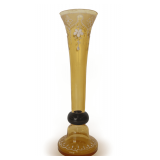 Czechoslovakian Amber Glass Trumpet Shaped Vase with Enamel Flowers