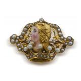 10K Gold Brooch with Portrait, Diamonds, and Pearl Accents..missing one pearl