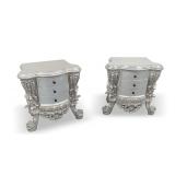 Pair of Ornate Silver Color 3-Drawer Nightstands