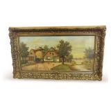 P.V. Schaik Oil Painting of Rustic European Farm by Stream