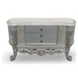 Ornate Silver Color Credenza with (3) Drawers and Detailed Carvings