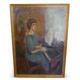 Anthony J. Cooper Painting of Woman in Blue Dress Playing Piano