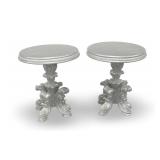 Pair of Silver Painted Accent Tables with Ornate Carved Bases... tops are loose