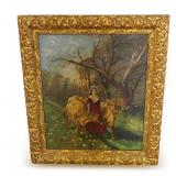 Framed Oil Painting of Woman with Cow