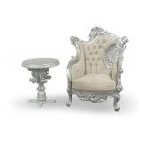 Ornate Silver Color Accent Chair and Matching Side Table... table top is loose