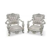 Pair of Rococo Revival Style Carved Armchairs with Silver Paint Finish