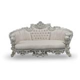 Ornately Carved Silver Finish Sofa with Tufted Upholstery