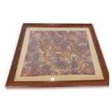Mid Century Painting on Fabric Signed R. Munga... Stylized Gazelles in Landscape Setting