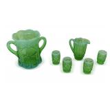 Green Opalescent Glass Spooner, Miniature Pitcher, and Tumblers