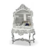 Ornate Silver Color Console Table with Matching Wall Mirror and Stone Top