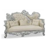 Rococo Style Carved Wood Settee in Silver Finish with Ivory Color Upholstery