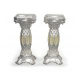 Pair of Silver Color Pedestal Stands with Embellished Columns