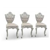 (3) Ornate Rococo Style Silver Painted Carved Wooden Stools
