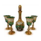 Czechoslovakian Green and Gold Glass Decanter with Stemware Set
