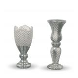(2) Silver Color Pedestal Vases with Beaded Detail