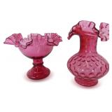 Fenton Cranberry Glass Vase and Compote